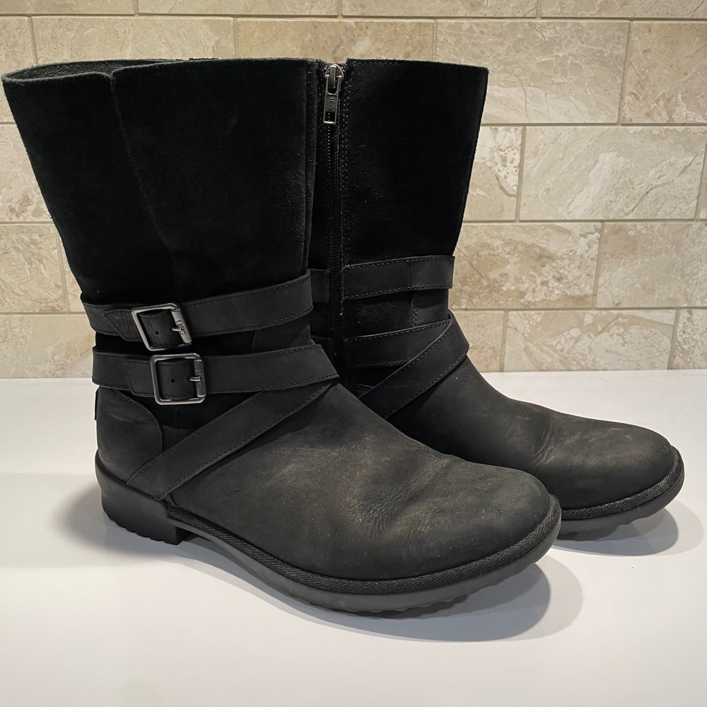 UGG Simmens Black Leather Suede Waterproof Moto Boots 1095155 Womens 10
